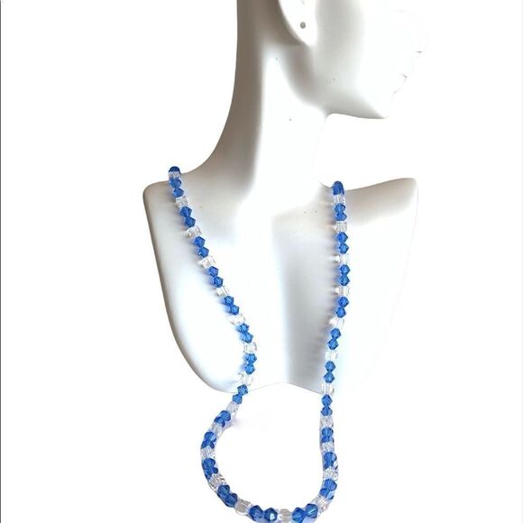 Austria Blue crystal + clear square crystal vintage sparkling necklace - Picture 2 of 8